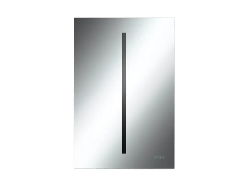 TECE-Urinal mit glänzender Oberfläche. Rechteckige Form mit vertikaler Linie in der Mitte, montiert an einer hellen Wand. Simplistisches Design für moderne Badezimmer.
